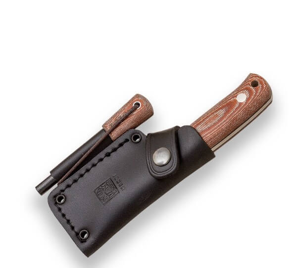 Faca de uma peça Erizo TS1 com cabo de micarta marrom e bainha de couro com pederneira