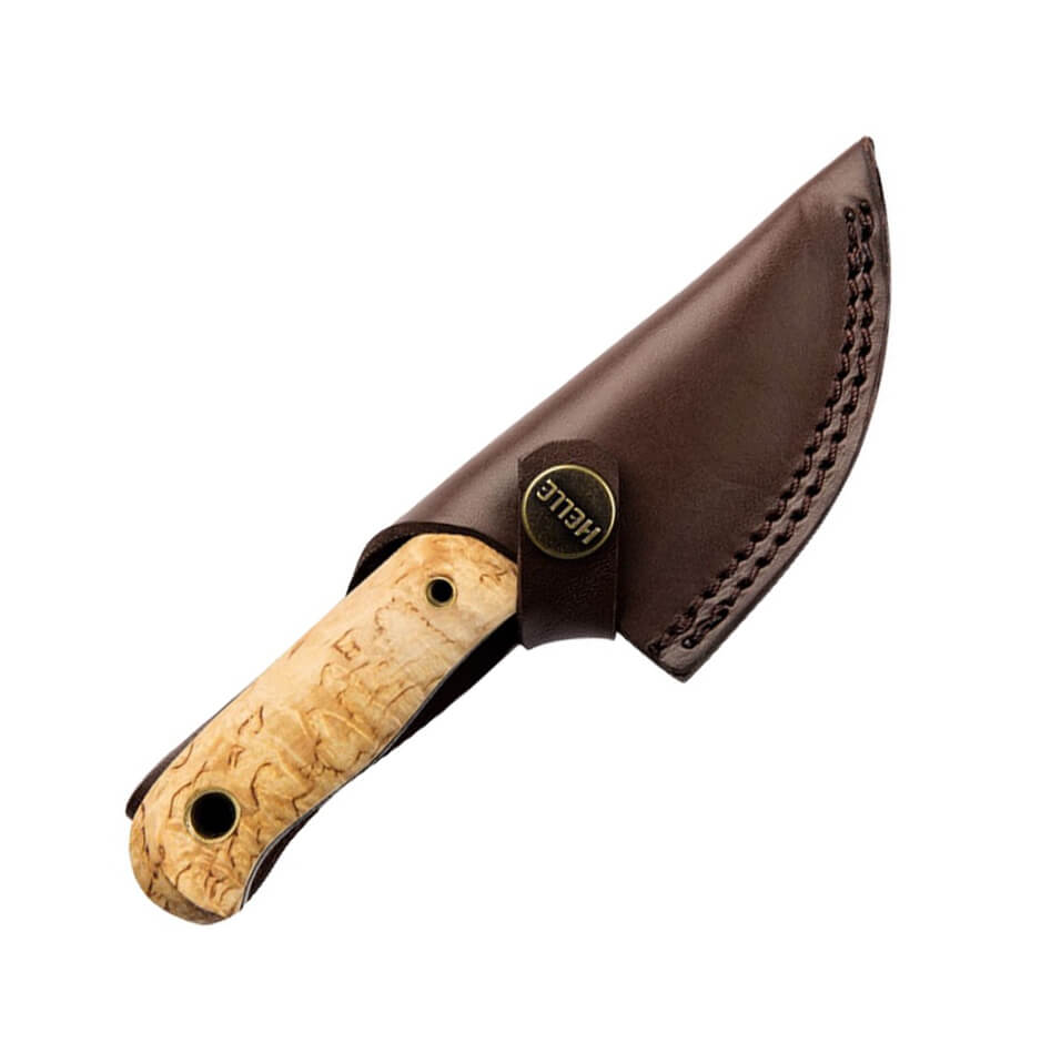 Cuchillo bushcraft Helle Mandra 620 con mango de madera de abedul y hoja de acero triple laminado de 6.9 cm