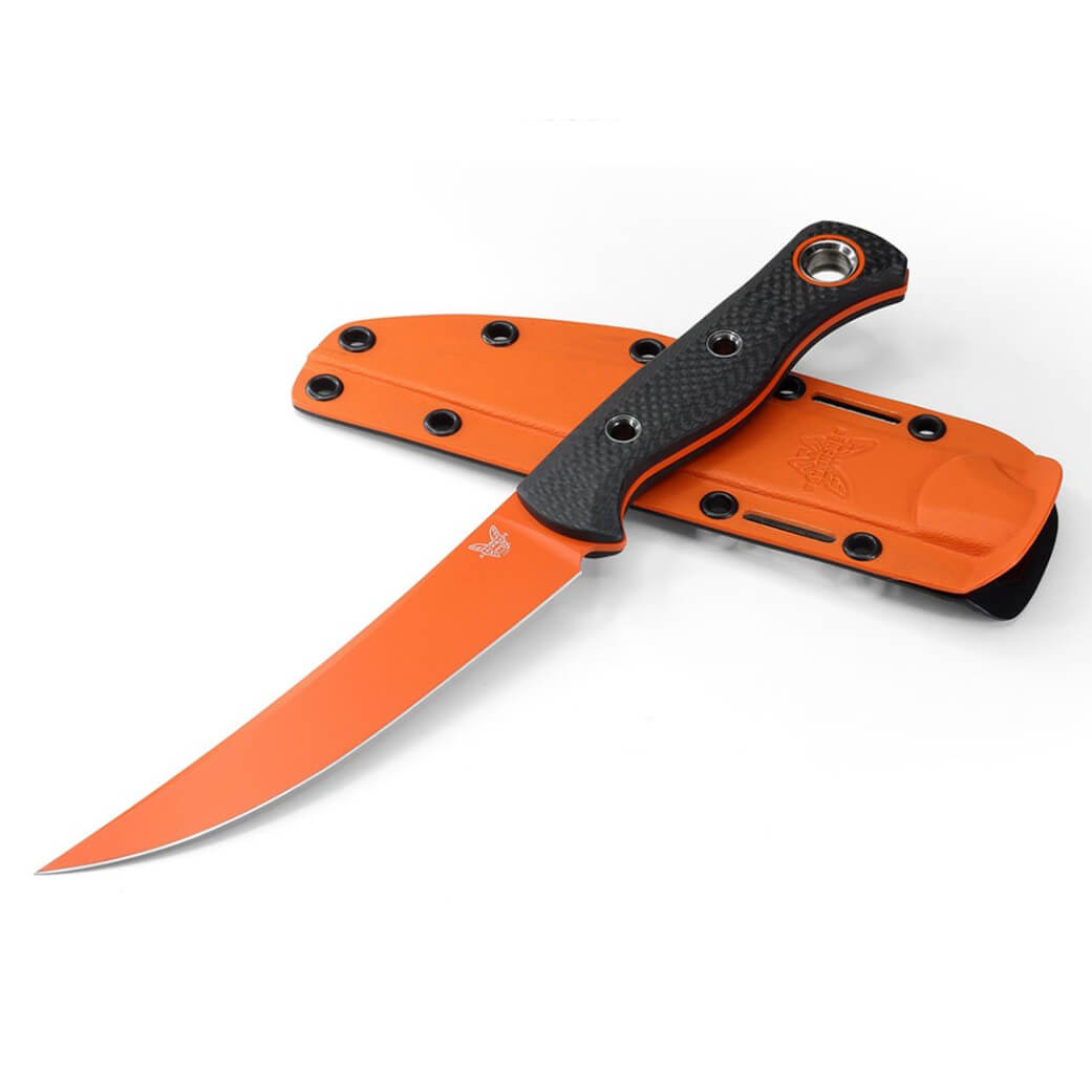 Benchmade Meatcrafter knife with black carbon fiber handle and orange blade