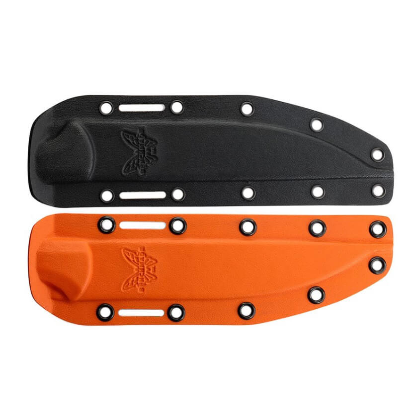 Benchmade Meatcrafter knife with black carbon fiber handle and orange blade