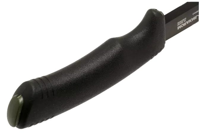 Faca Morakniv Bushcraft Survival preta. Lâmina em aço carbono de 11 cm. Bainha com pedra e apontador.