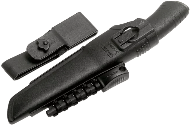 Faca Morakniv Bushcraft Survival preta. Lâmina em aço carbono de 11 cm. Bainha com pedra e apontador.