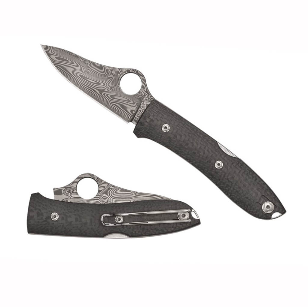 Coltello tascabile Spyderco Spyopera con lama in acciaio Thor Damasco e manico in fibra di carbonio