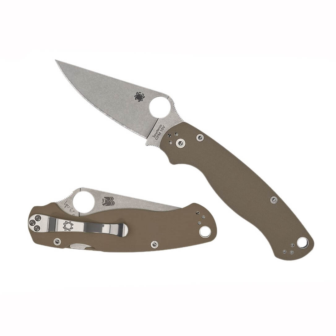 Spyderco Para Military 2 Messer mit braunem G-10-Griff und CPM-15V Stonewash PlainEgde-Klinge C81GPBM15V2