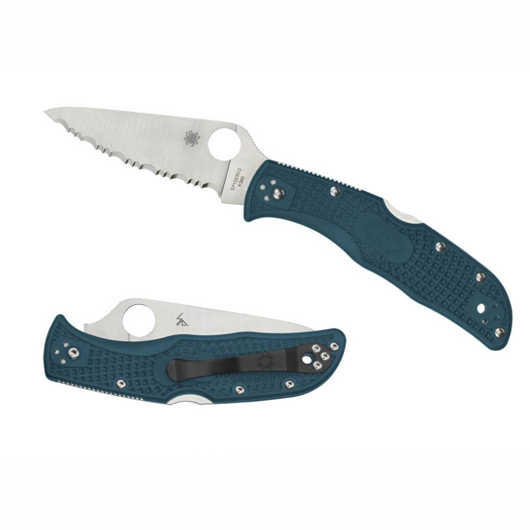 Coltellino tattico Spyderco Endela con manici in Nylon FRN blu e lama seghettata in acciaio K390 C243FSK390