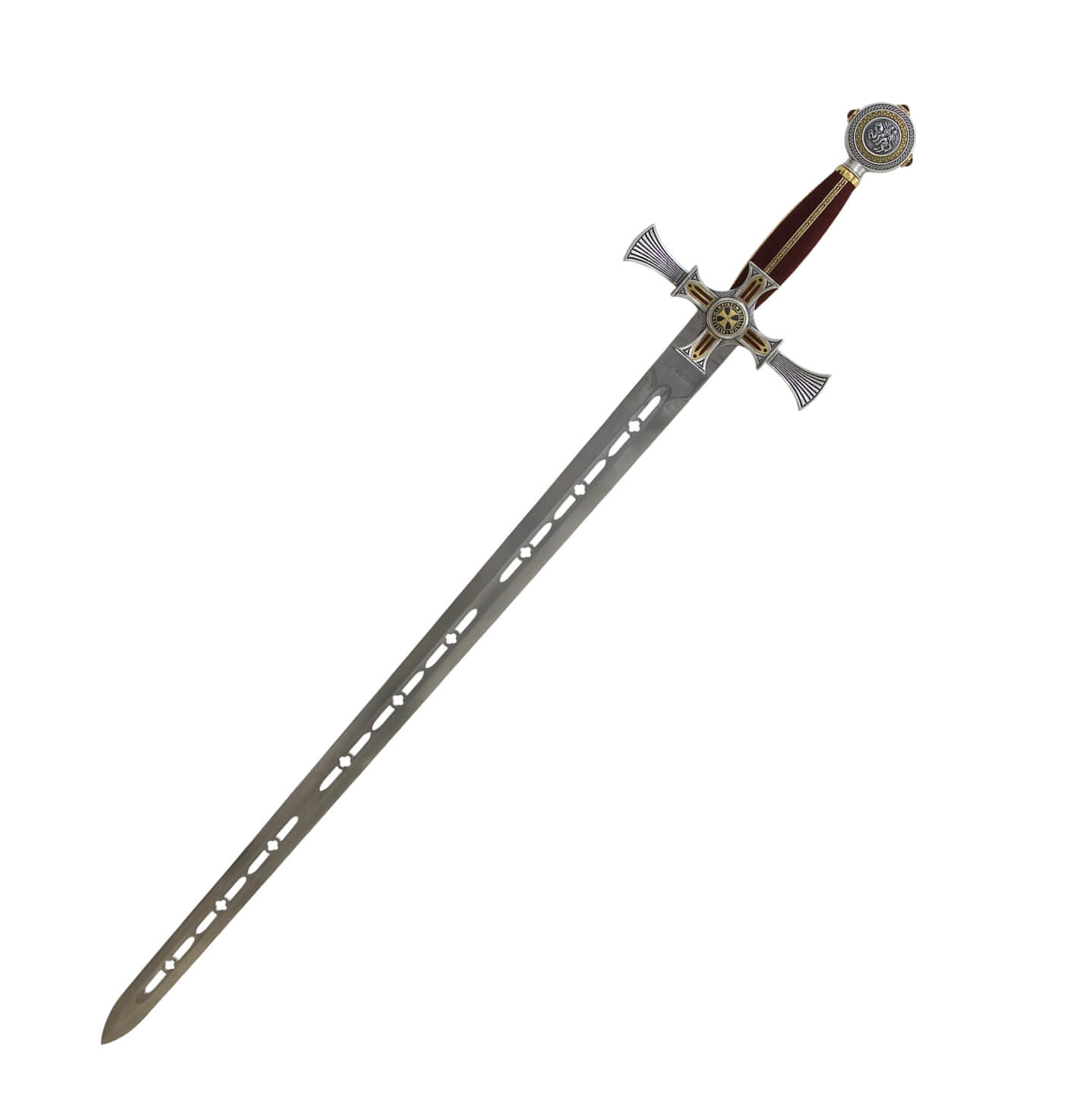 Espada Templária Damascena com punho prateado e detalhes em damas...