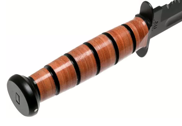 Coltello militare statunitense Ka-Bar 1219 - Lama parzialmente seghettata e fodero in pelle.