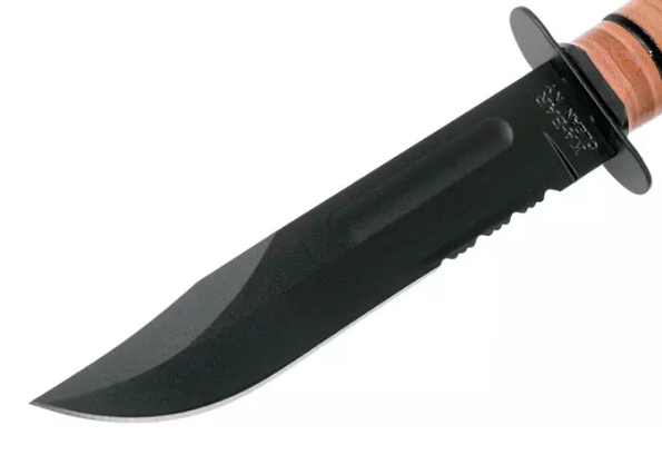 Coltello militare statunitense Ka-Bar 1219 - Lama parzialmente seghettata e fodero in pelle.