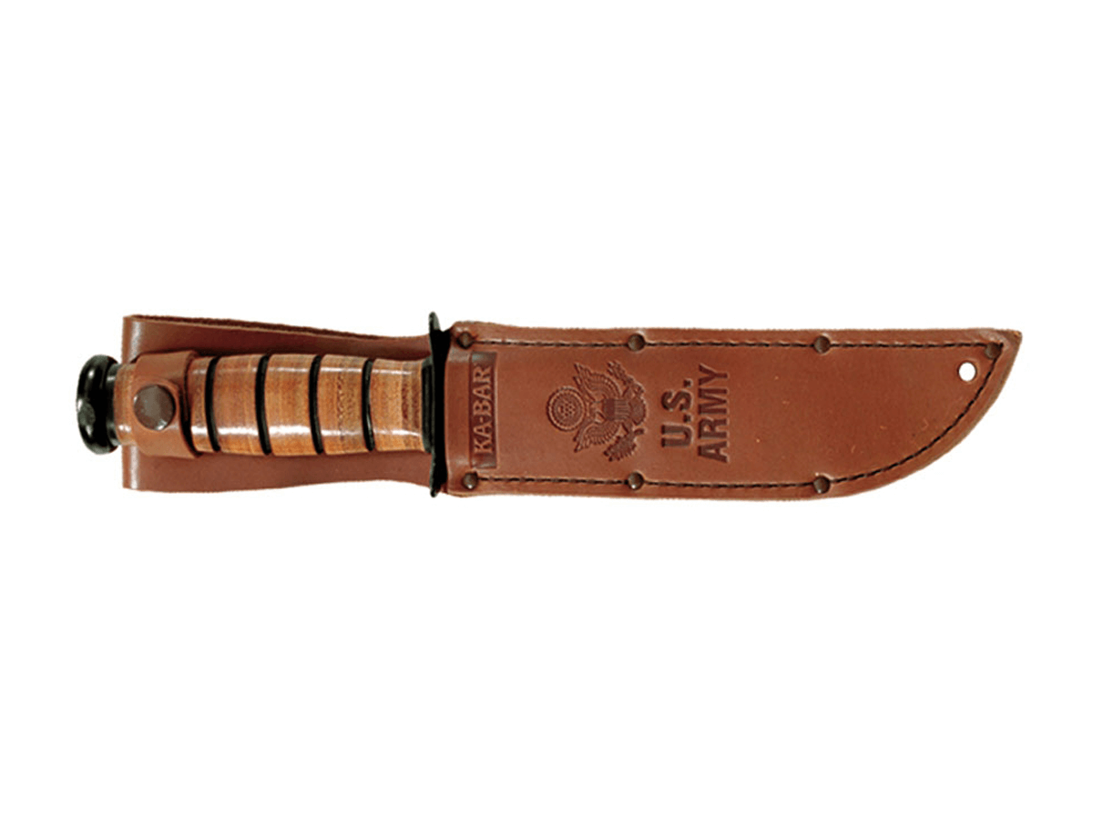 Coltello militare statunitense Ka-Bar 1219 - Lama parzialmente seghettata e fodero in pelle.