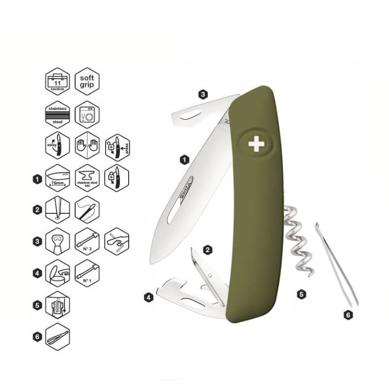 Coltello multiuso Swiza D03 verde oliva con 11 funzioni