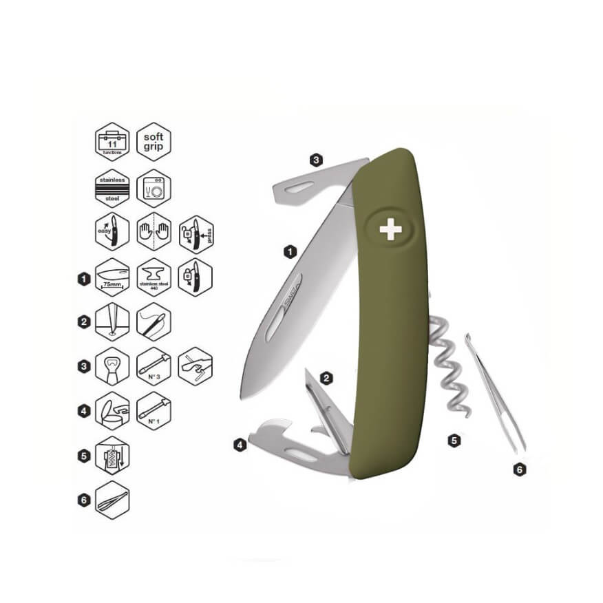 Coltello multiuso Swiza D03 Allmatt verde oliva con 11 funzioni