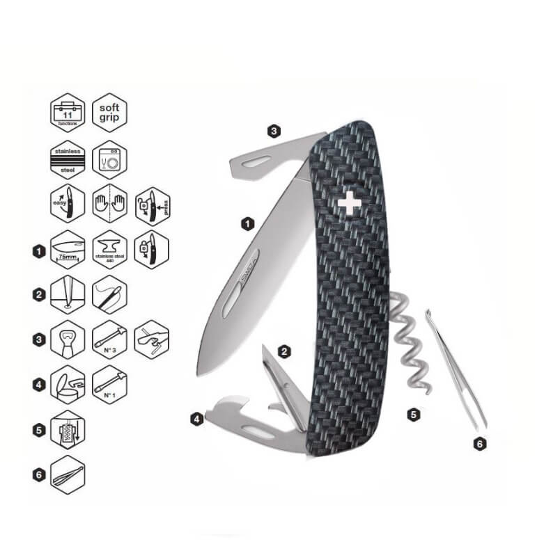 Swiza D03 Allmatt-Mehrzweckmesser aus Kohlefaserimitat mit 11 Funktionen
