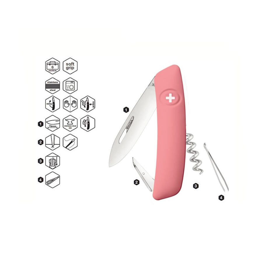Faca multiuso rosa Swiza D01 com 6 funções KNI.0010.1910