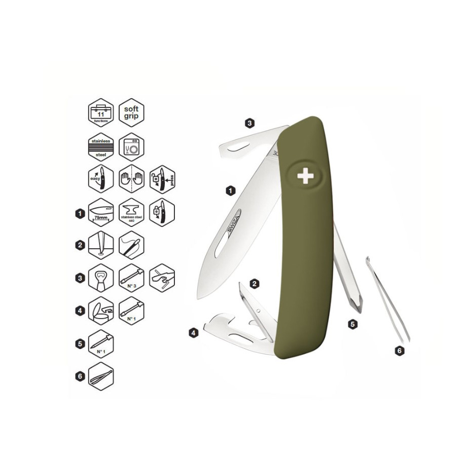 Swiza D04 olivgrünes Mehrzweckmesser mit 11 Funktionen KNI.0040.1050
