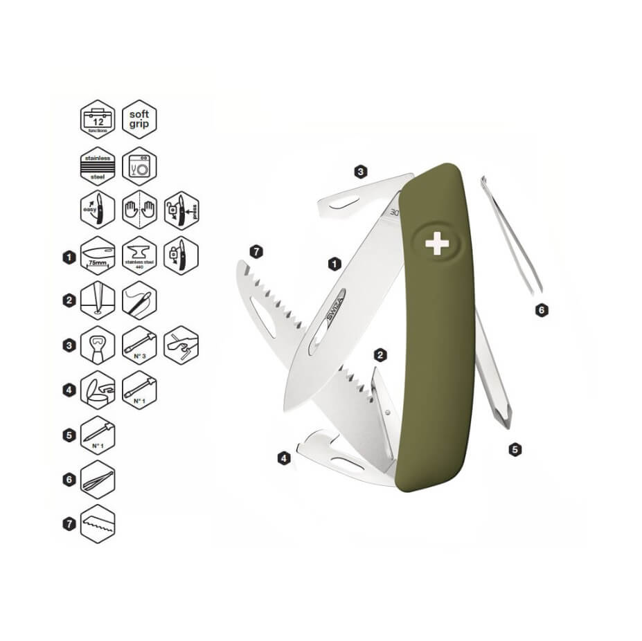 Faca multiuso Swiza D06 verde oliva com 12 funções KNI.0060.1050