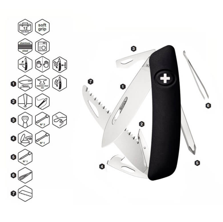 Swiza D06 schwarzes Mehrzweckmesser mit 12 Funktionen KNI.0060.1010