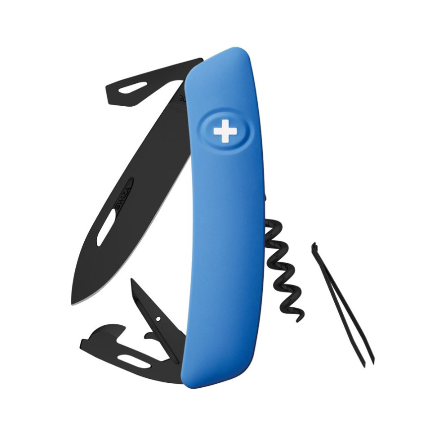 Swiza D03 AllBlack Mehrzweckmesser mit blauem Griff