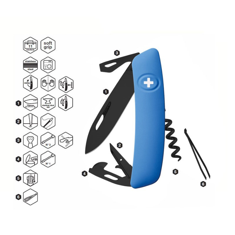 Swiza D03 AllBlack Mehrzweckmesser mit blauem Griff