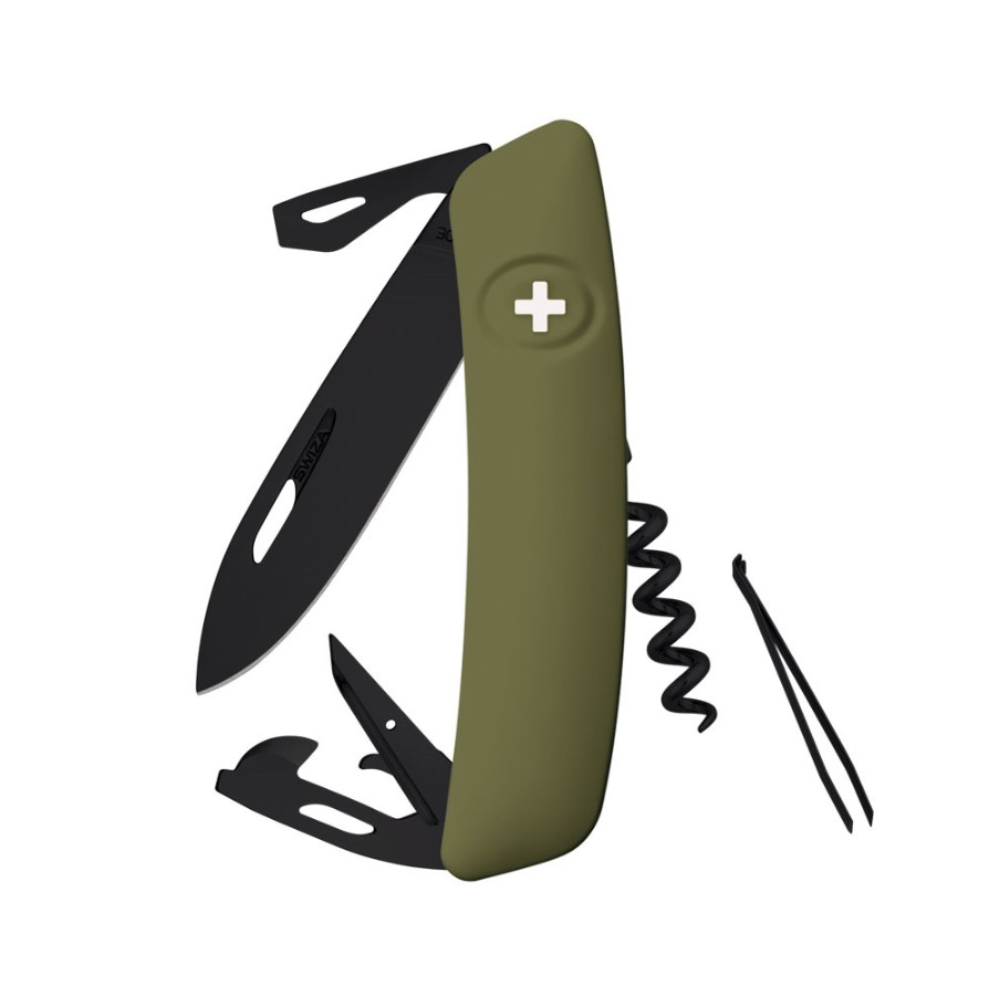 Swiza D03 AllBlack Mehrzweckmesser mit olivgrünem Griff