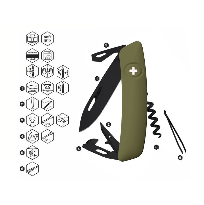 Swiza D03 AllBlack Mehrzweckmesser mit olivgrünem Griff