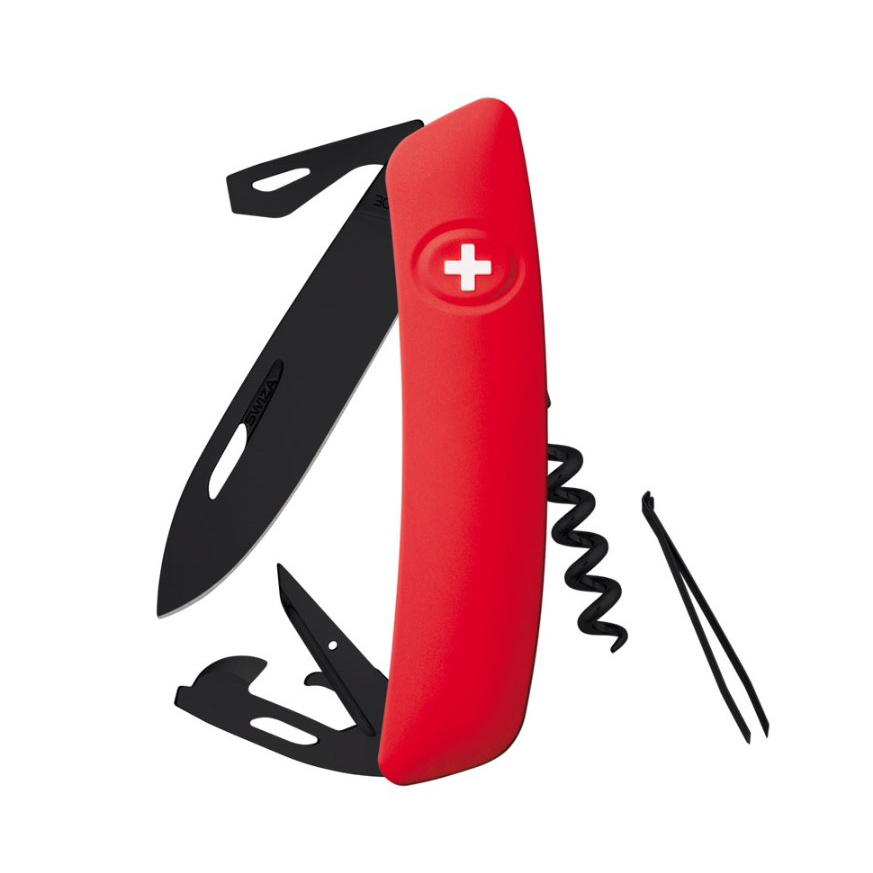 Swiza D03 AllBlack Mehrzweckmesser mit rotem Griff