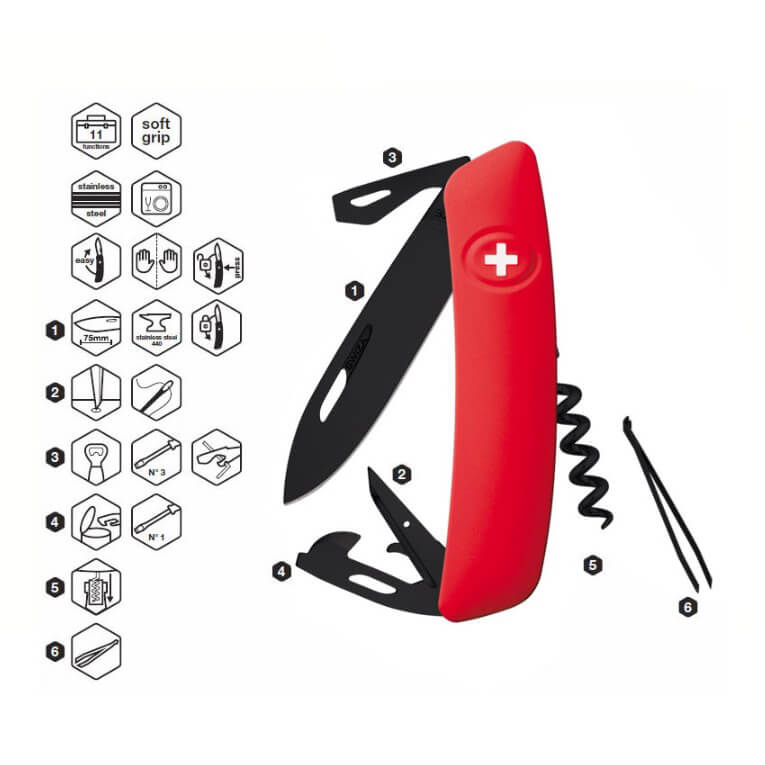 Swiza D03 AllBlack Mehrzweckmesser mit rotem Griff