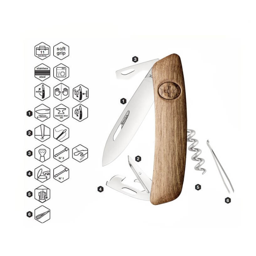 Swiza D03 Mehrzweck-Taschenmesser mit Griff aus Walnussholz