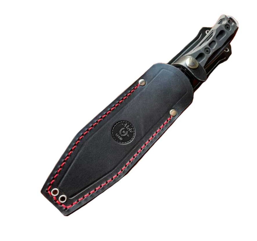 Nieto Warfare tactical knife with black forprene handle and leather sheath