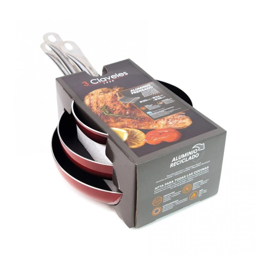 Lot de 3 poêles Rouge Spécial 3 Claveles 20 - 24 - 28 cm