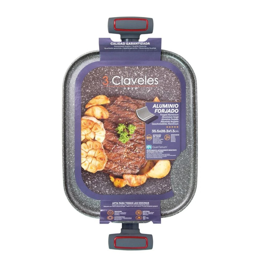 Antihaftbeschichteter Grill 35,5 x 28,3 x 1,3 cm, 3 Claveles, Grey, mit Silikongriffen