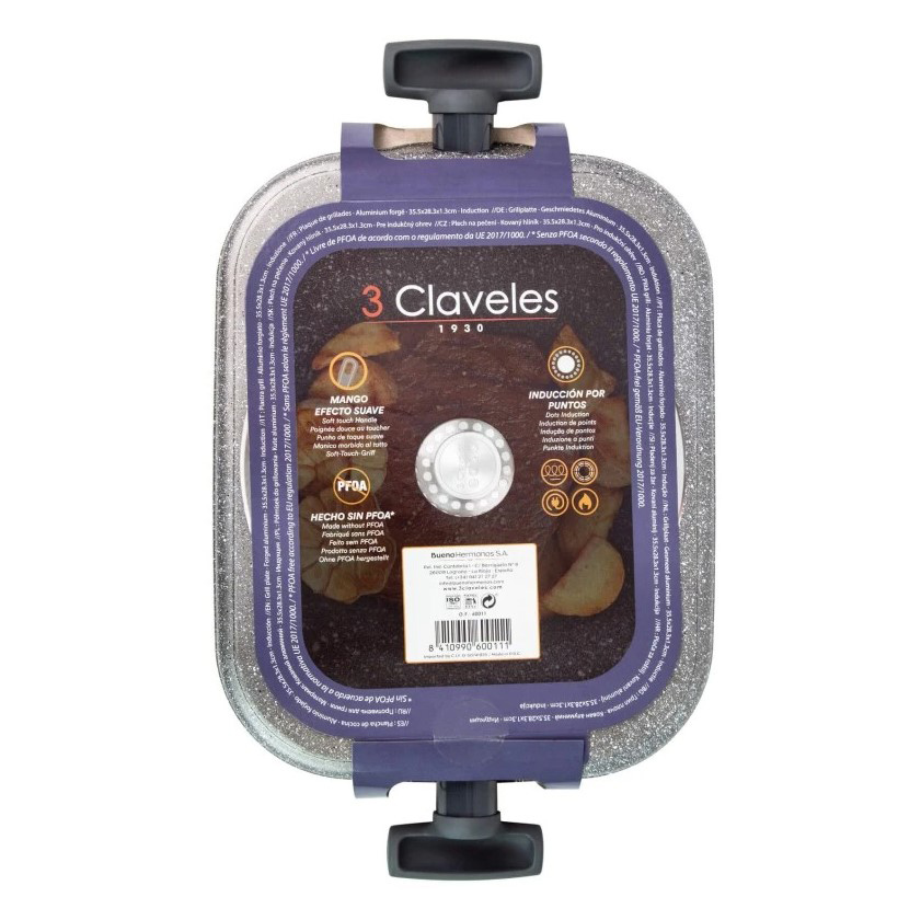 Antihaftbeschichteter Grill 35,5 x 28,3 x 1,3 cm, 3 Claveles, Grey, mit Silikongriffen