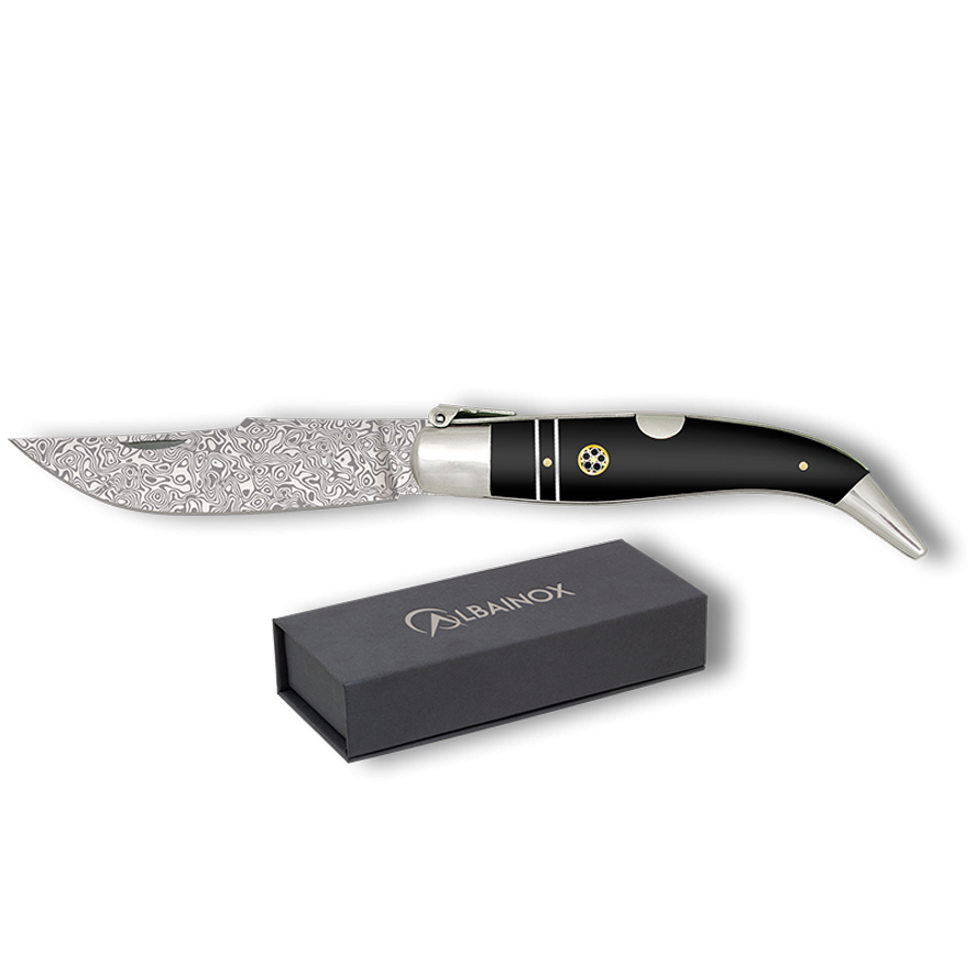 Klassisches Taschenmesser Nr. 1 mit 9,5 cm langer Damaststahlklinge und verziertem schwarzem Holzgriff