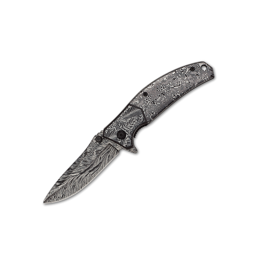 Taschenmesser mit verziertem Stahlgriff und 3D-verzierter Klinge