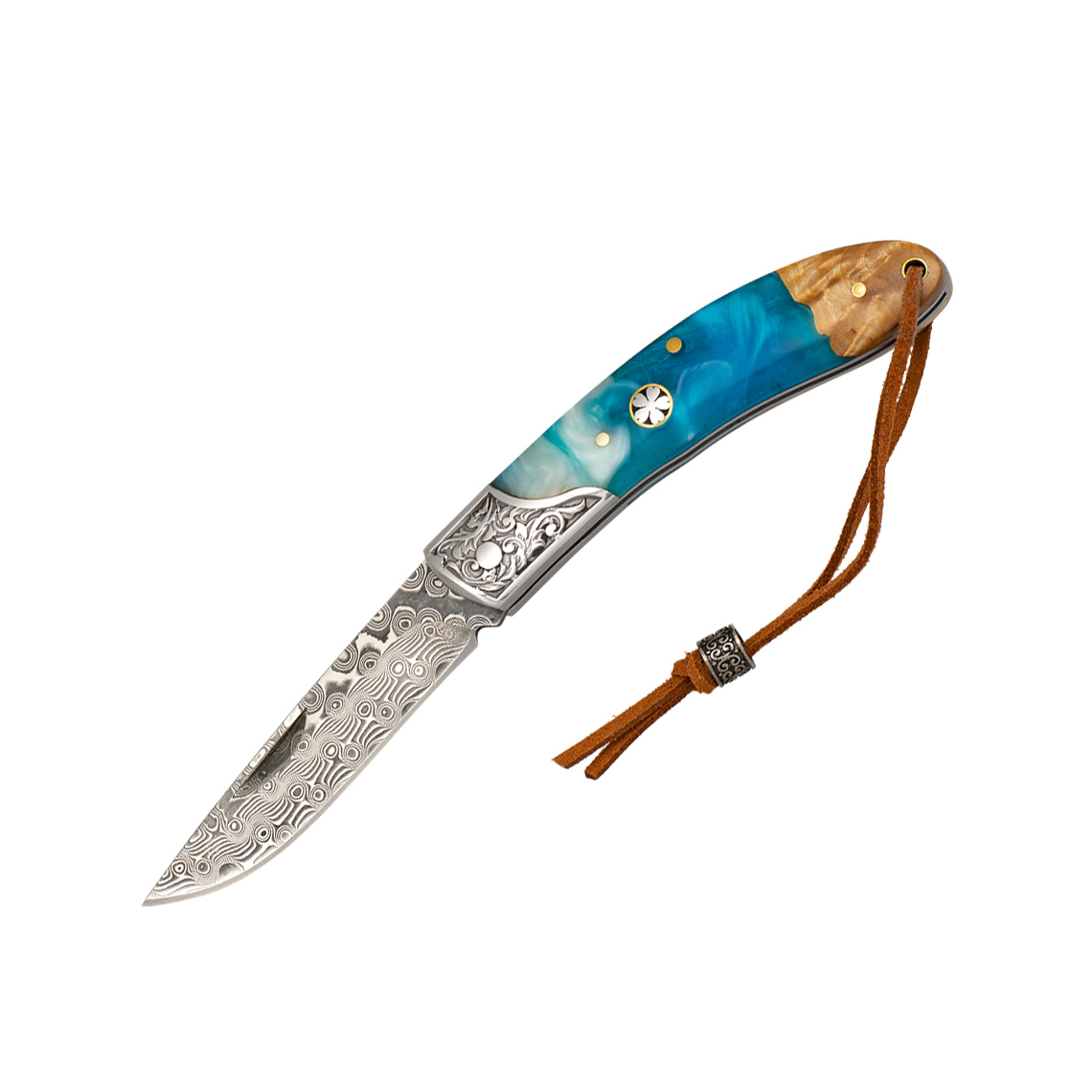 Coltello tascabile con manico in radica con resina e lama in acci...