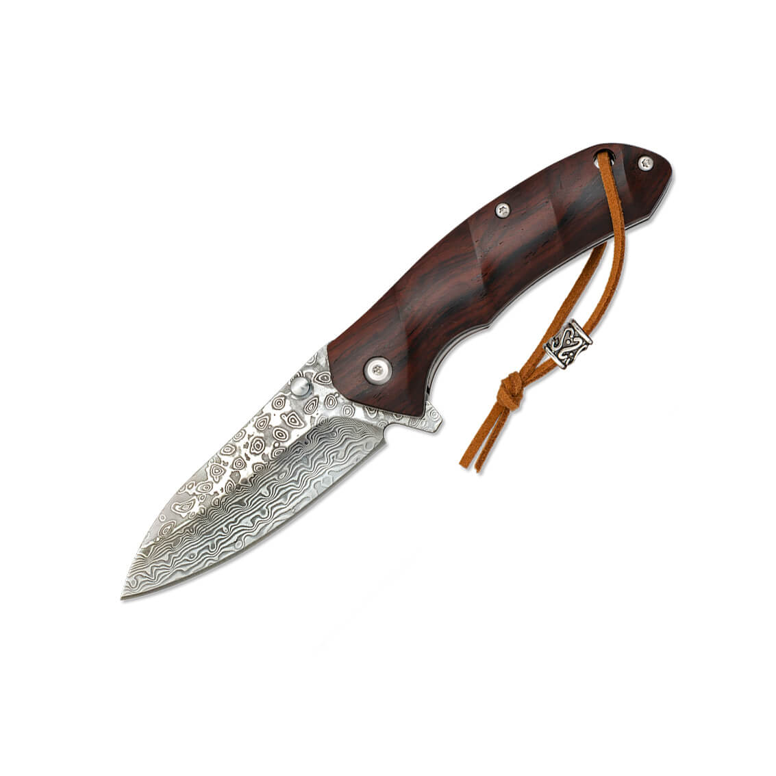 Coltello tascabile con manico in legno e lama in acciaio Damasco ...