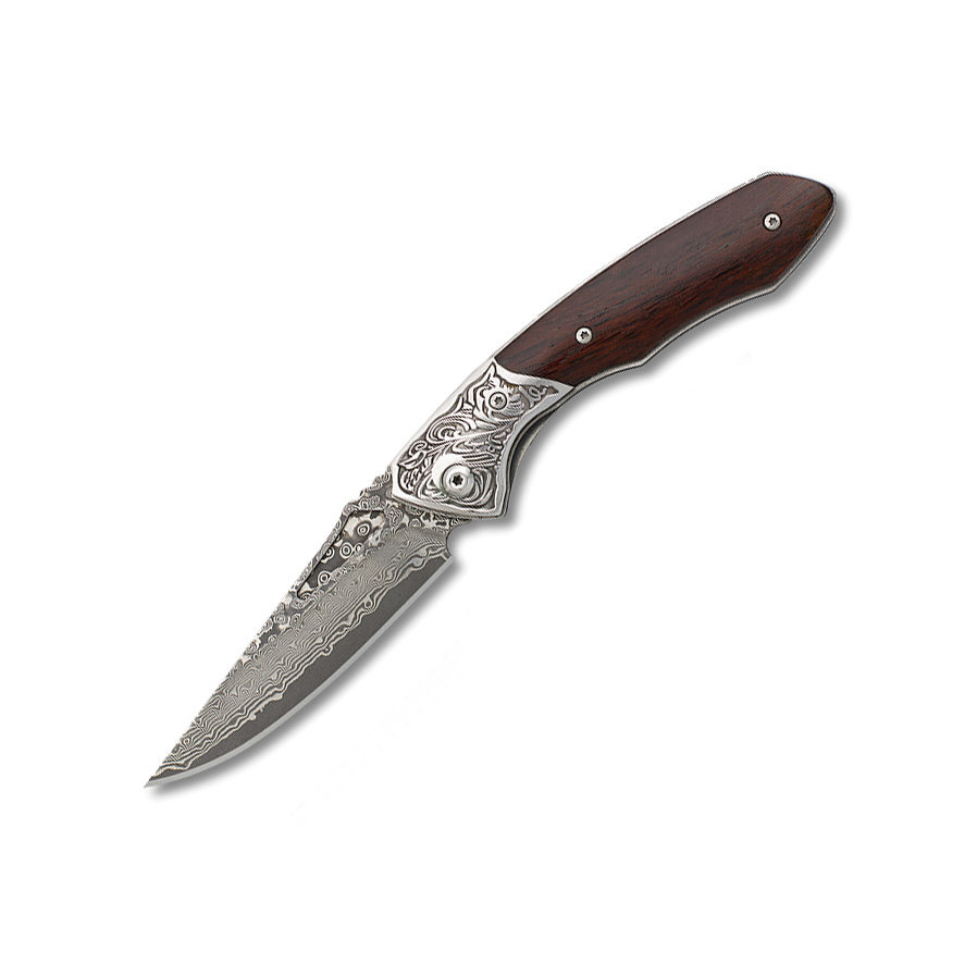Coltello tascabile con manico in legno con ghiera decorata e lama...