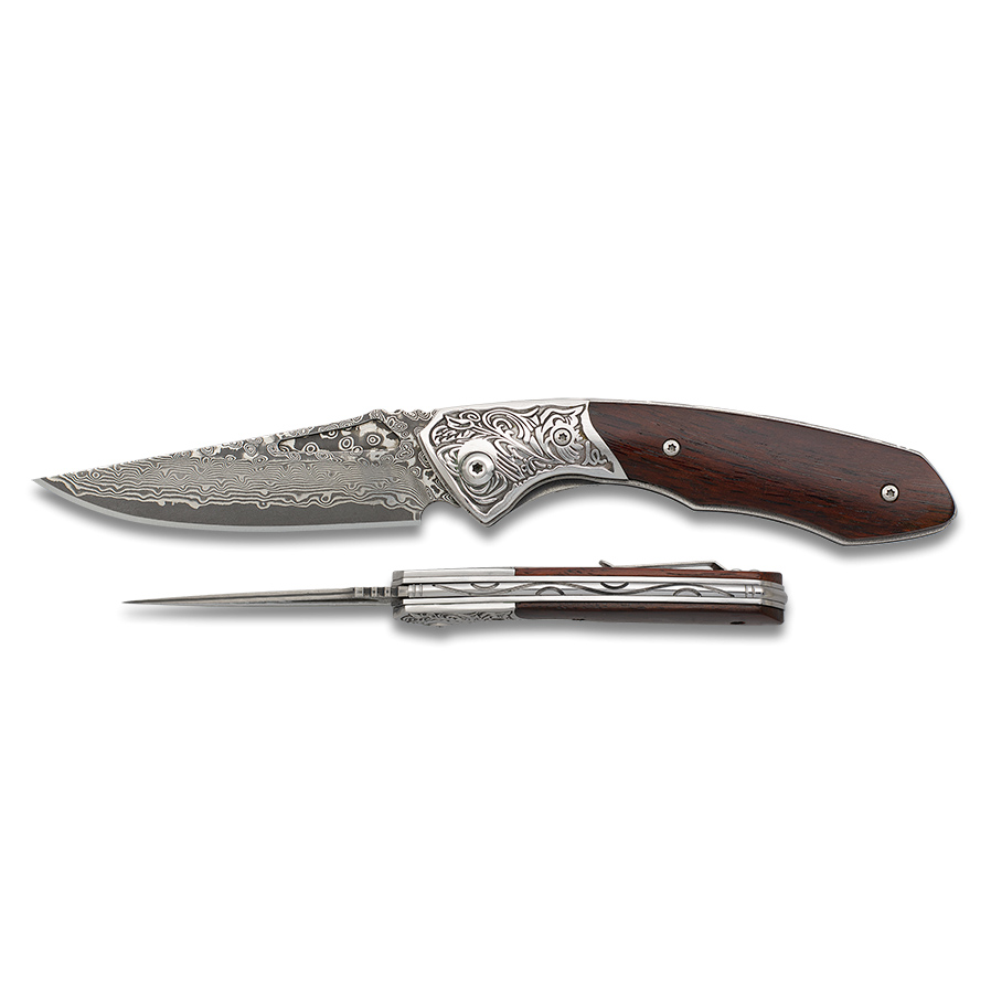 Coltello tascabile con manico in legno con ghiera decorata e lama in acciaio damasco da 8,5 cm