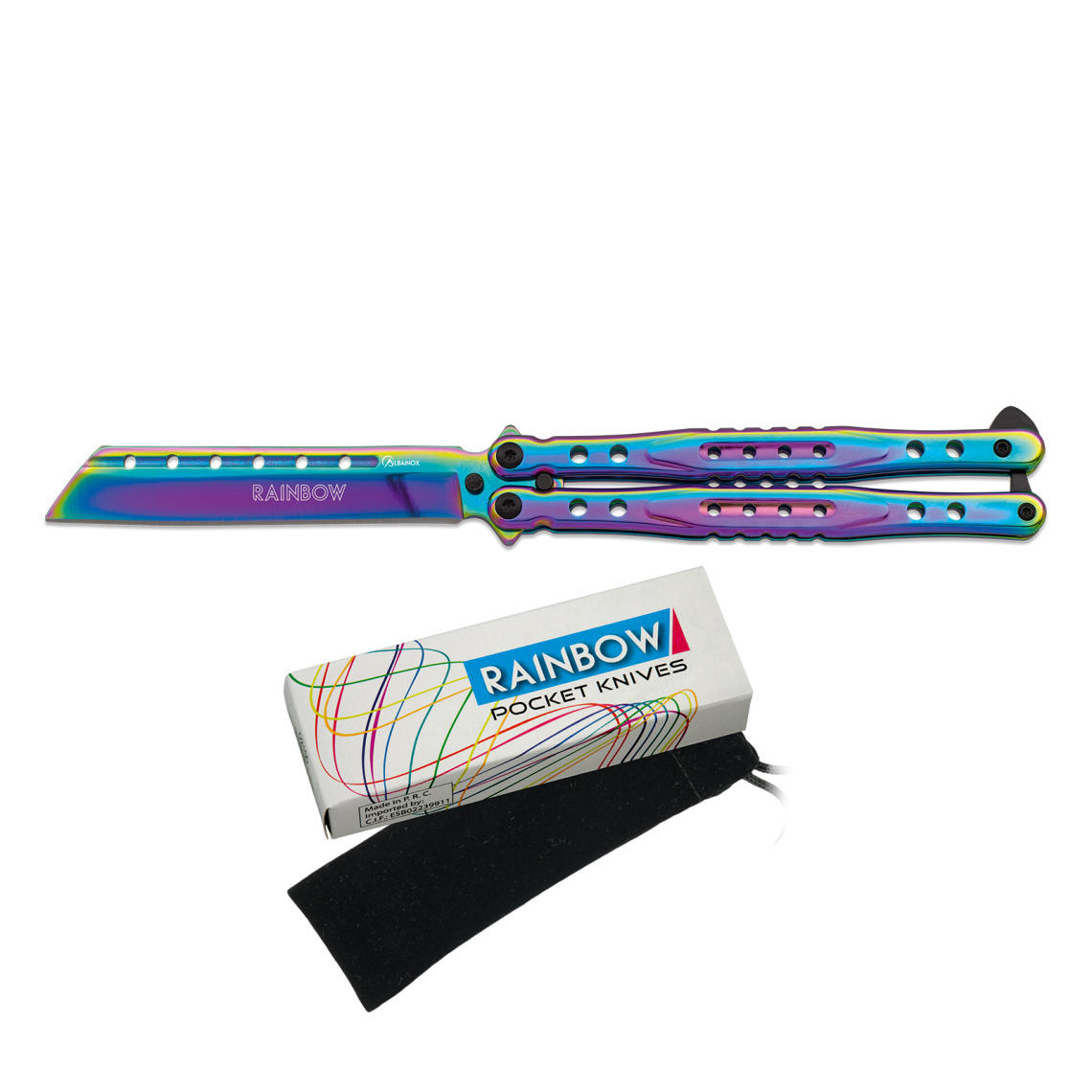 Butterflymesser mit Regenbogen-Titanbeschichtung und 11 cm Klinge