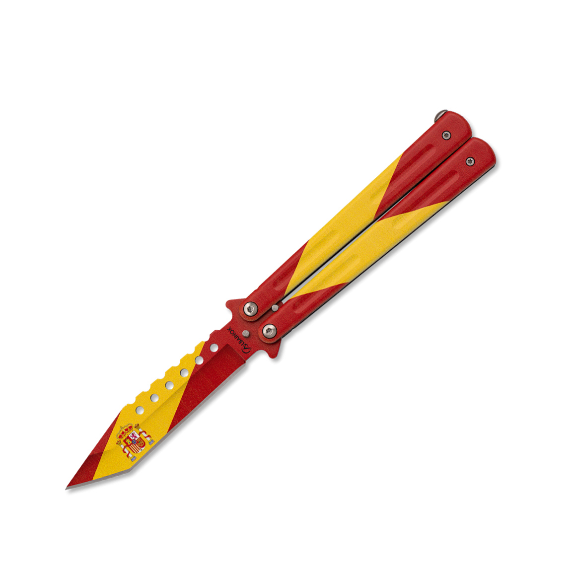 Butterfly-Messer aus Stahl mit spanischer Flaggenbeschichtung und...