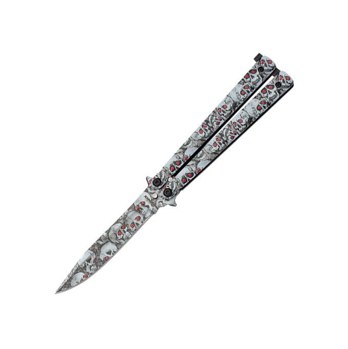 Butterfly knife with 10 cm blade and 3D skull design
