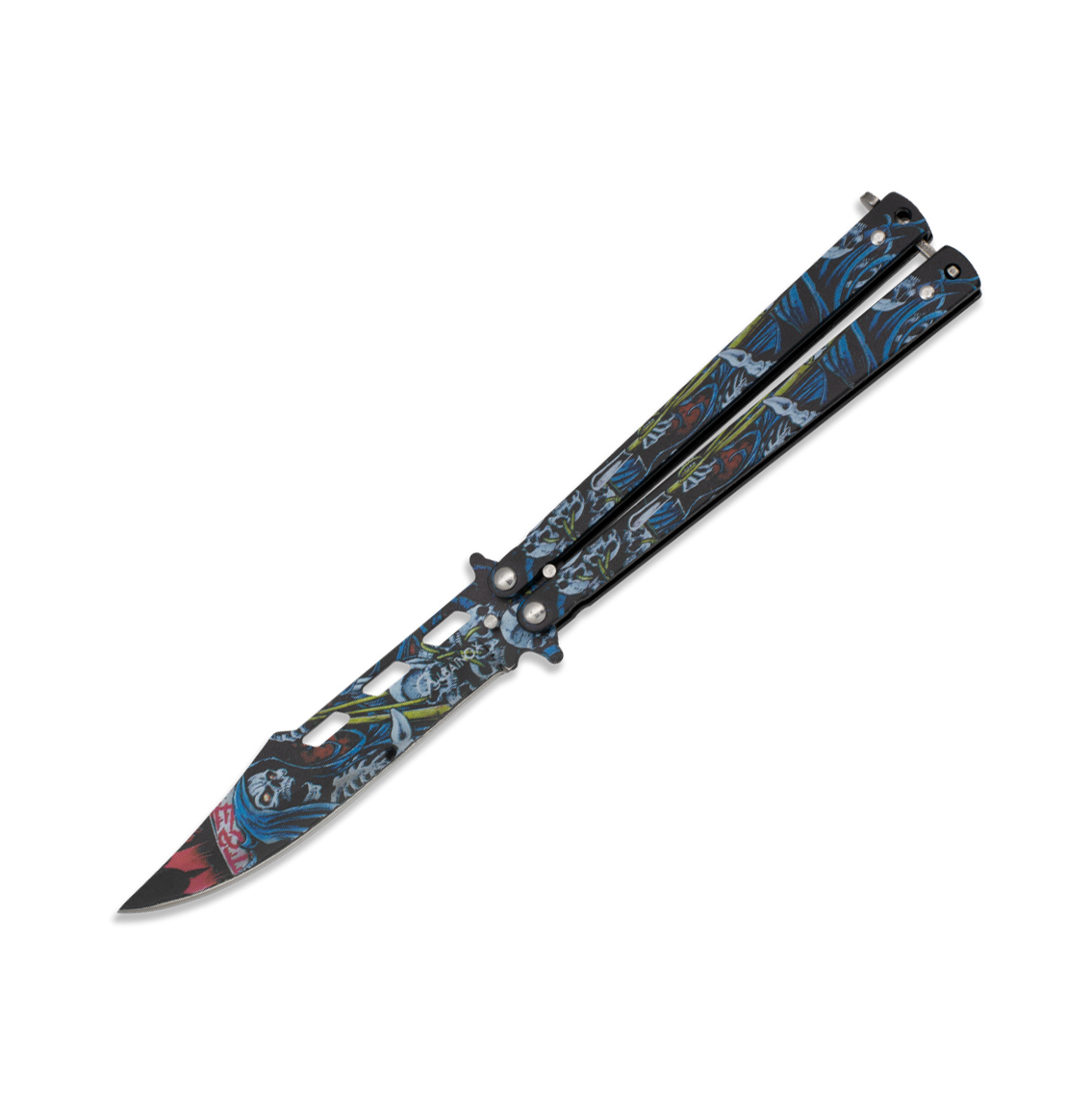 Butterfly knife with 10 cm blade and 3D skull design in blue