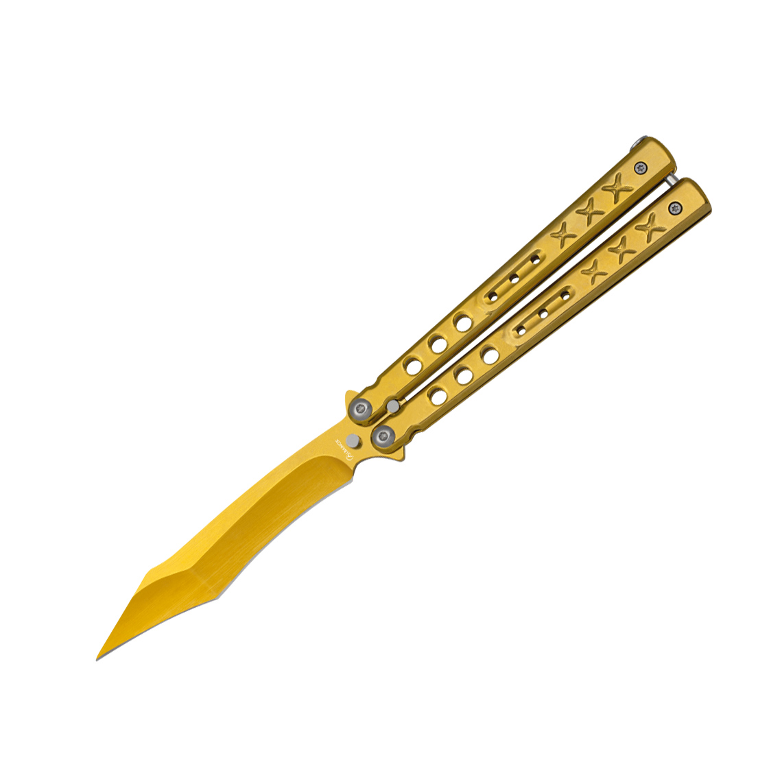 Gold butterfly knife with 10.7 cm blade and steel handle