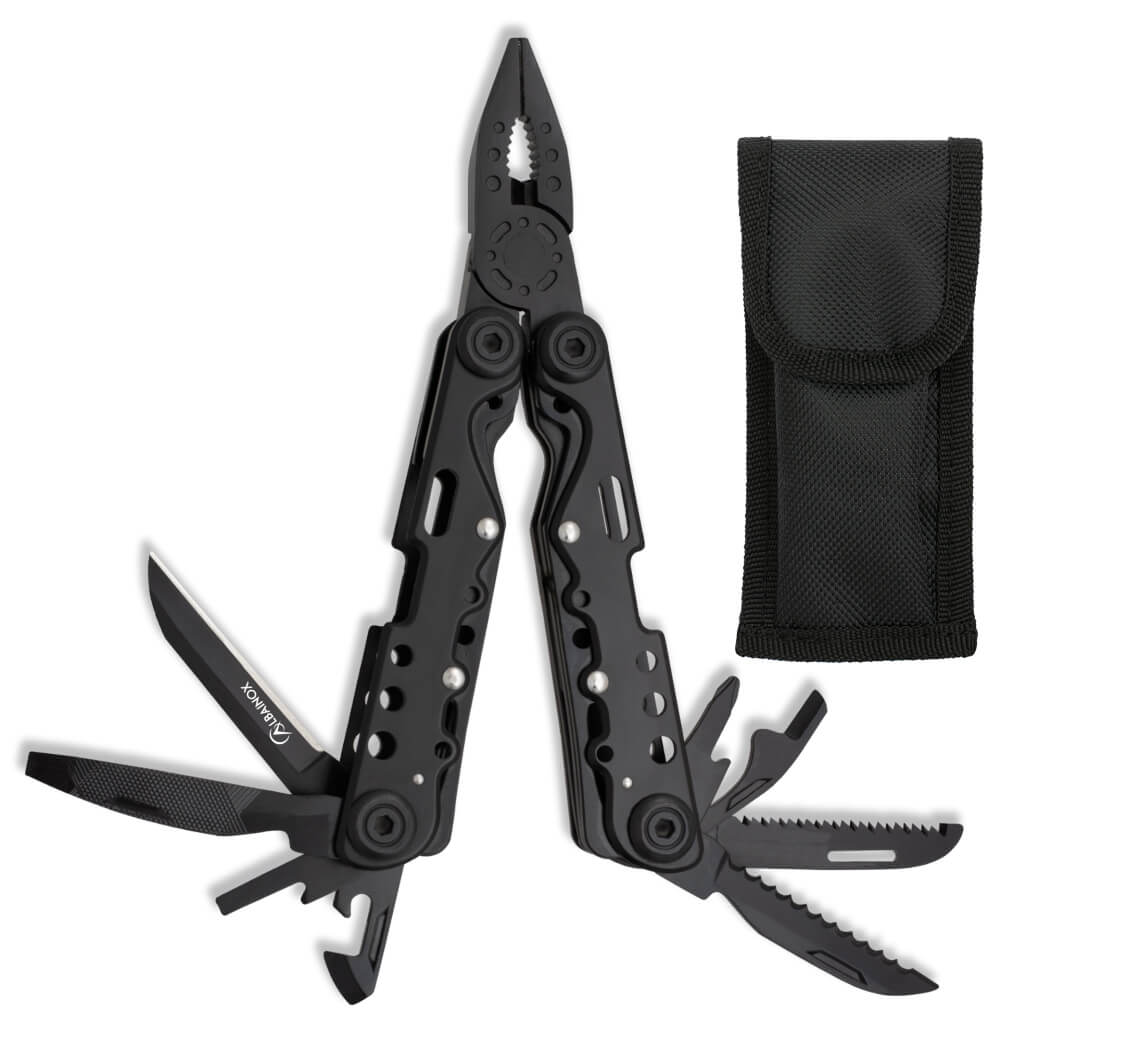 Schwarze Mehrzweckzange mit 10 Werkzeugen und Nylonetui