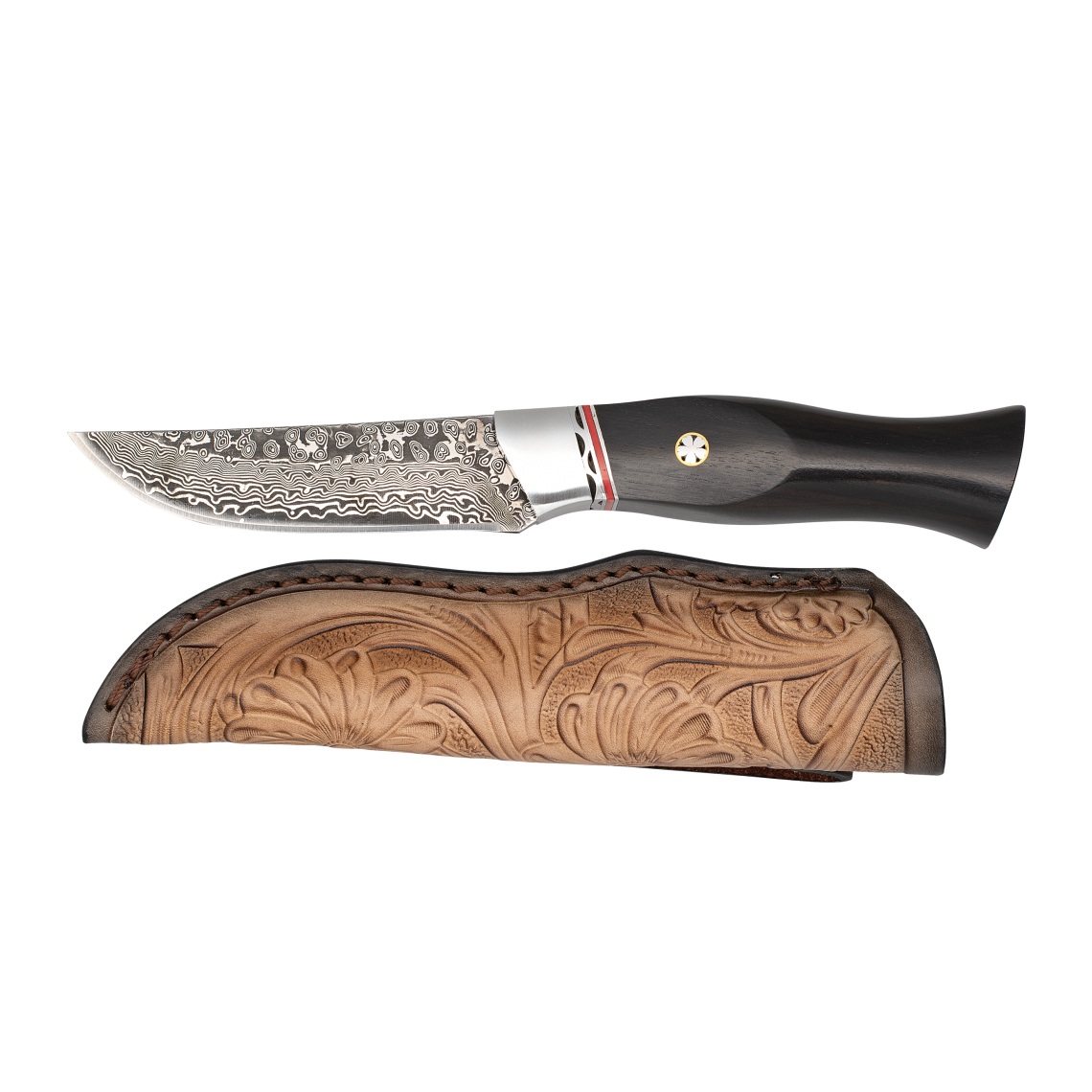 Jagdmesser mit 9 cm Damaststahlklinge und Ebenholzgriff