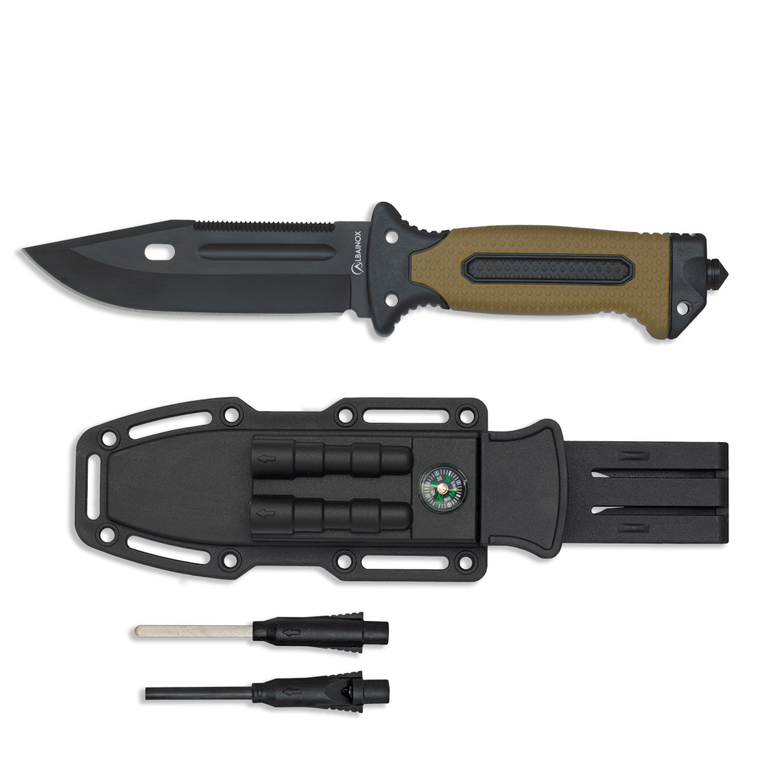 Coltello tattico con lama nera da 13,5 cm e fodero rigido con acciaino e pietra focaia