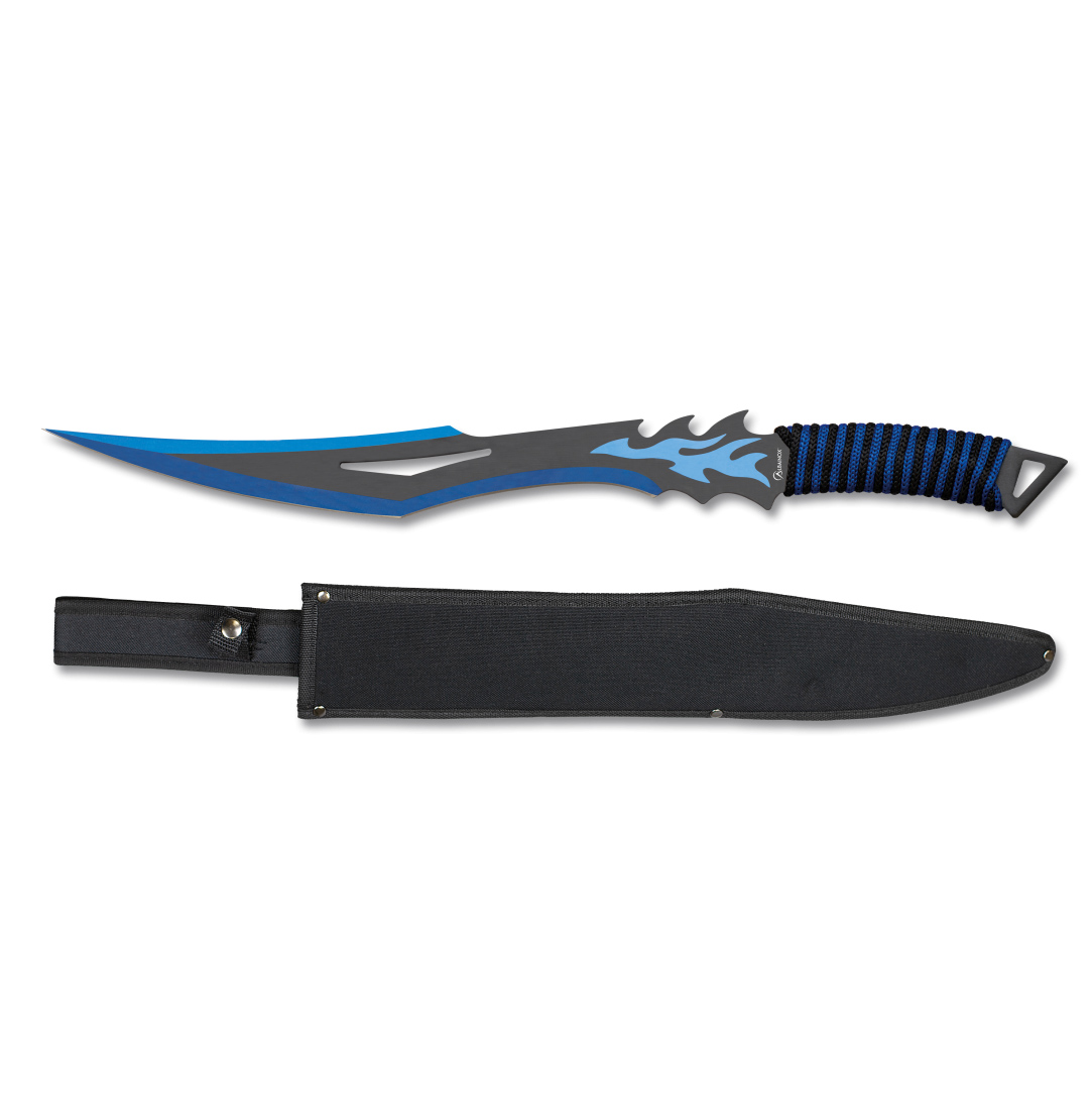 Machette tactique avec lame noire et bleue de 37,5 cm et manche cordé