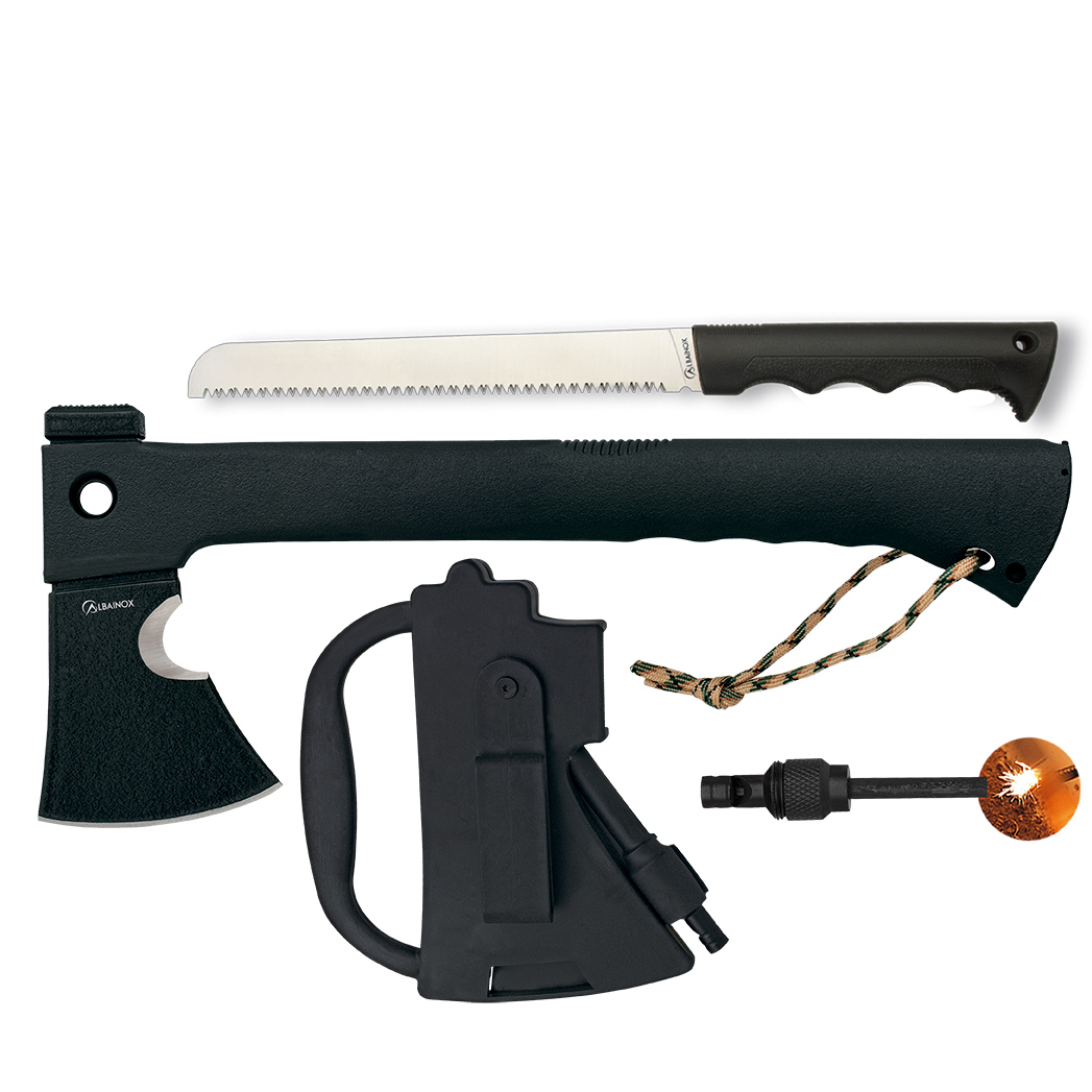 Taktische Axt mit schwarzer Klinge, Skinner und Säge