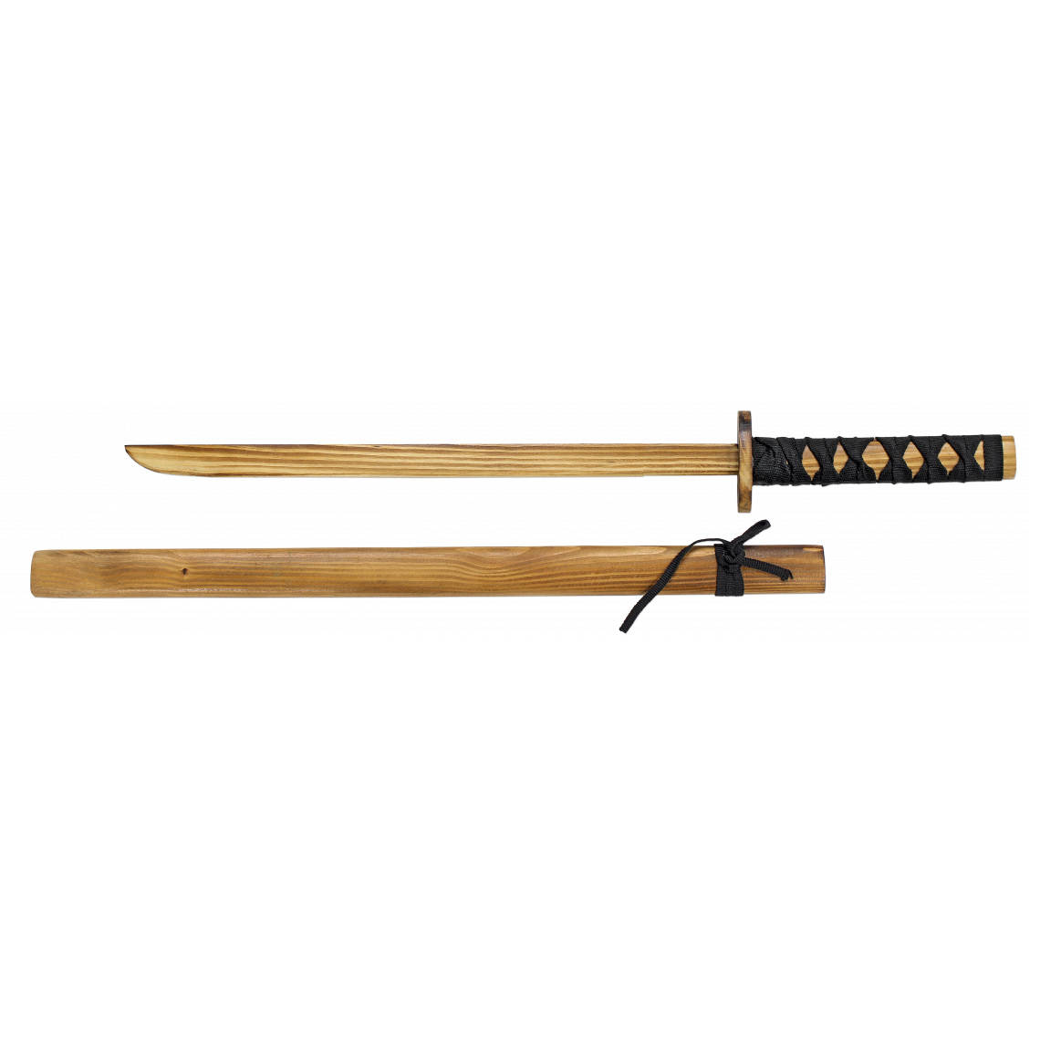 Katana de madera con mango encordado negro y una longitud de 72 cm