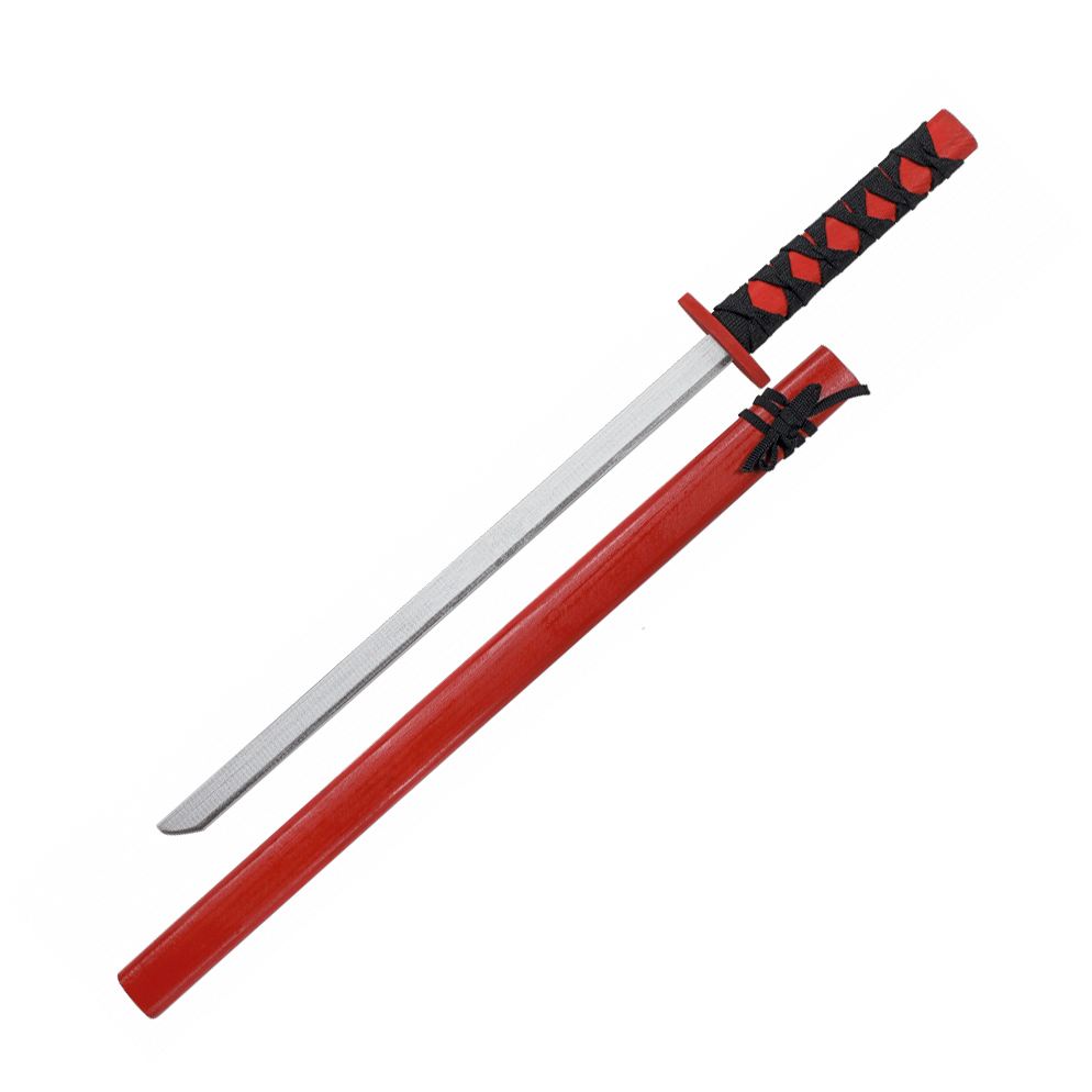 Holzkatana mit rotem Griff und schwarzer Besaitung und einer Läng...