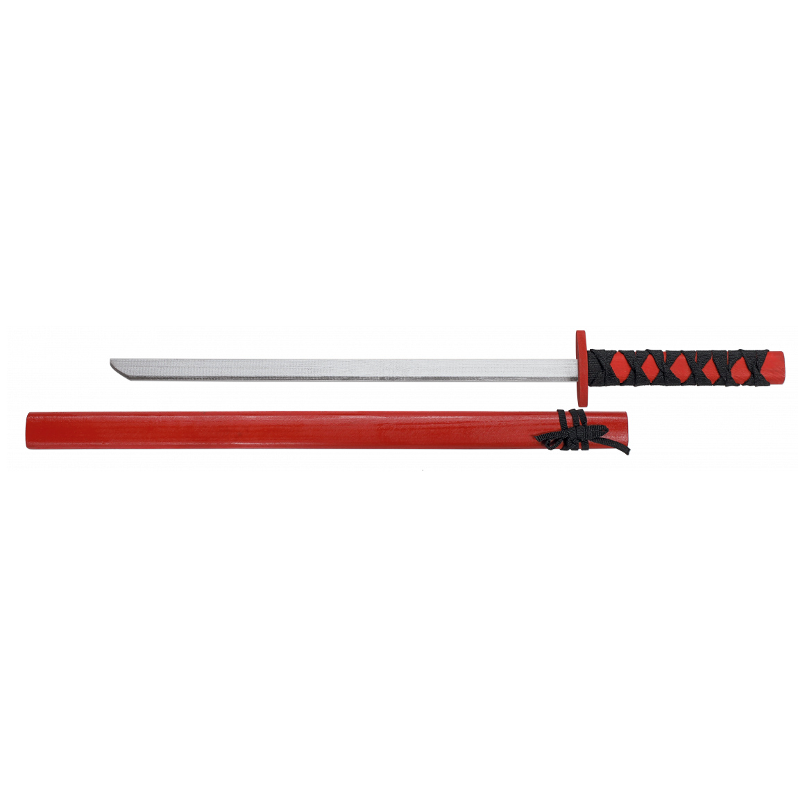 Katana de madera con mango rojo y encordado negro y una longitud de 72 cm